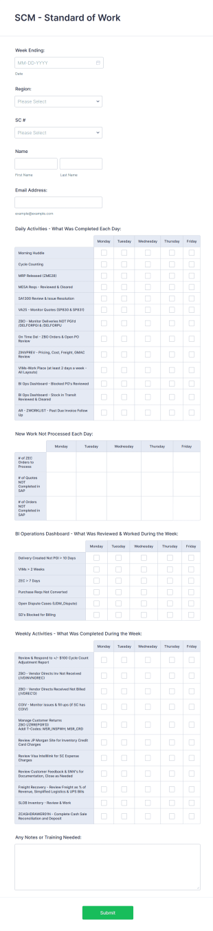 Standard Of Work Daily Tracking Form Template