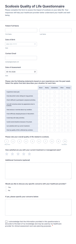 Scoliosis Quality Of Life Questionnaire Form Template