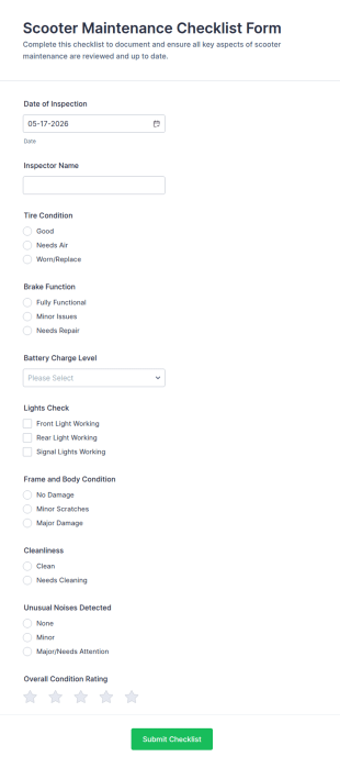 Scooter Maintenance Checklist Form Template