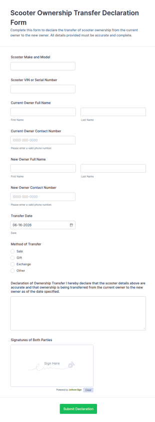 Scooter Ownership Transfer Declaration Form Template