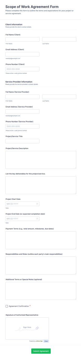 Scope Of Work Agreement Form Template