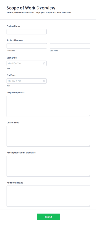 Scope Of Work Overview Form Template