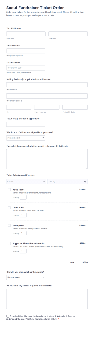 Scout Fundraiser Ticket Order Form Template