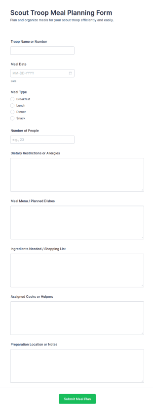 Scout Troop Meal Planning Form Template