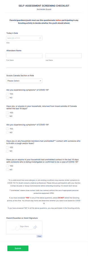 Scouts COVID 19 Self Assessment Form Template