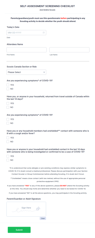 Scouts COVID 19 Self Assessment Form Template