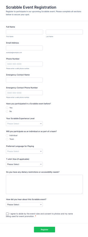 Scrabble Event Registration Form Template