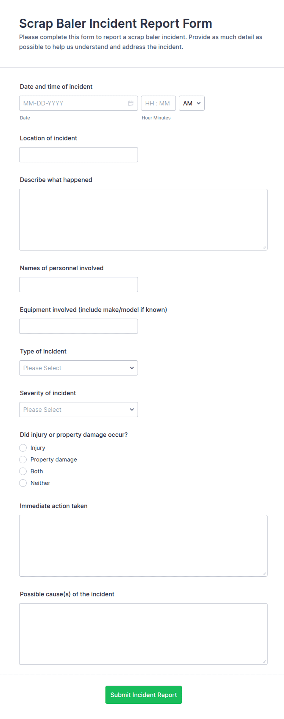 Scrap Baler Incident Report Form Template | Jotform