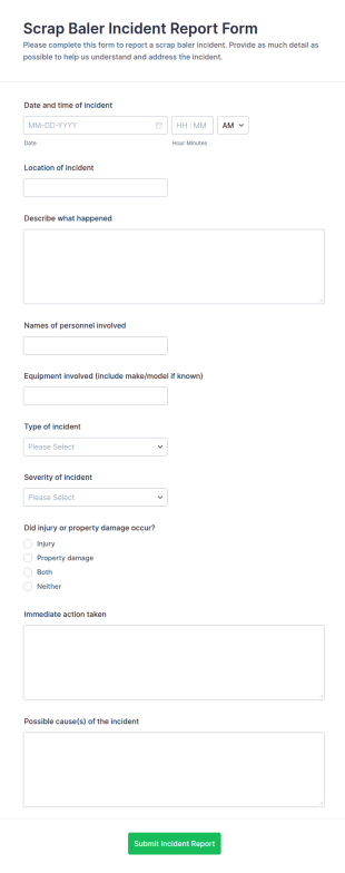 Scrap Baler Incident Report Form Template