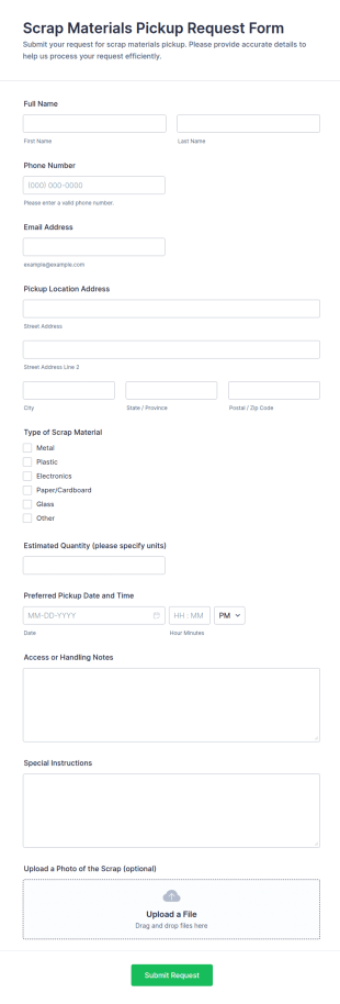 Scrap Materials Pickup Request Form Template