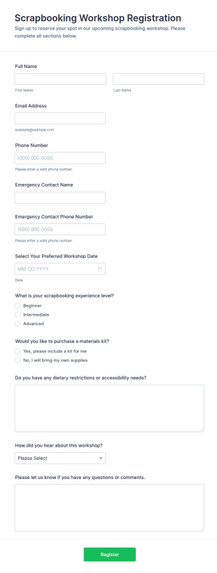 Scrapbooking Workshop Registration Form Template