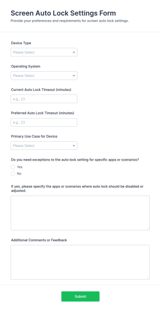 Screen Auto Lock Settings Form Template