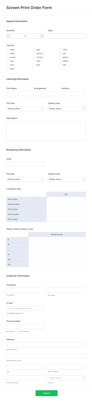 Screen Printing Order Form Template