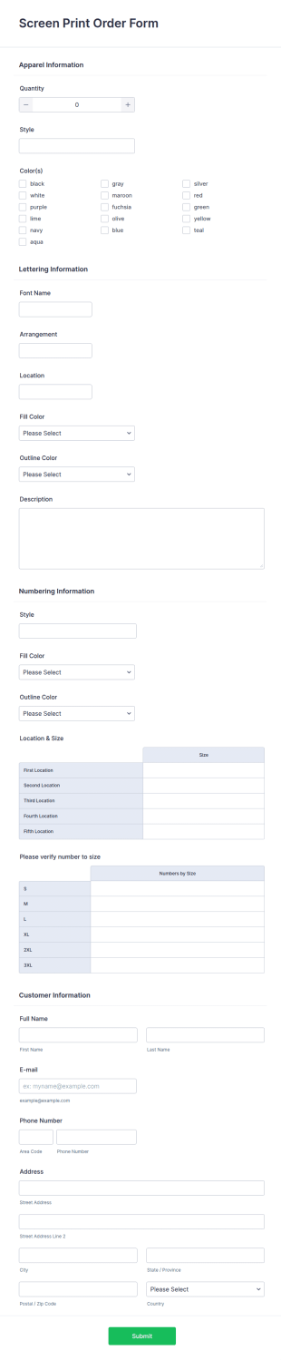Screen Printing Order Form Template