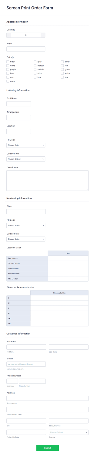 Screen Printing Order Form Template