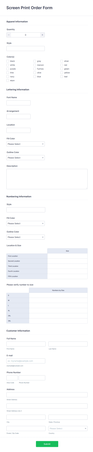 Screen Printing Order Form Template