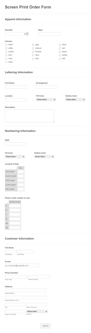 Screen Printing Order Form Template