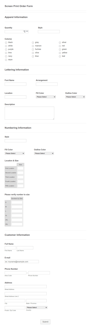 Screen Printing Order Form Template