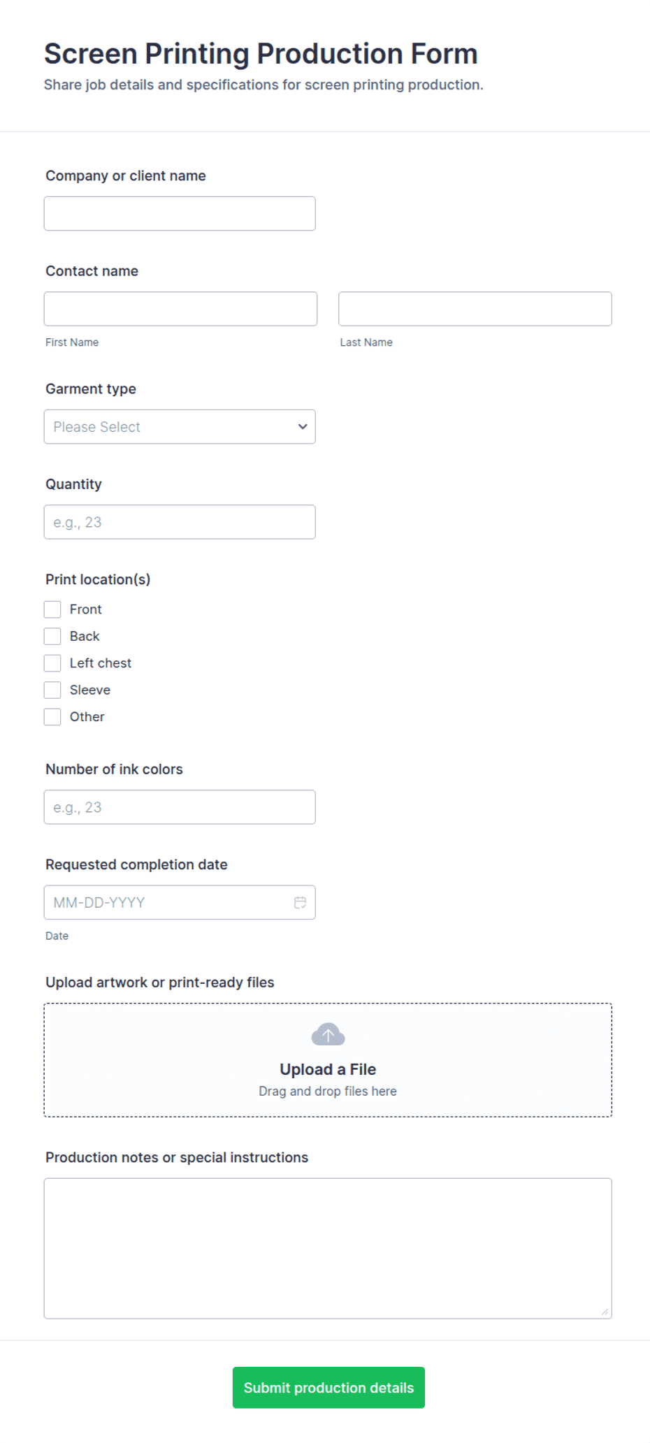 Screen Printing Production Form Template | Jotform