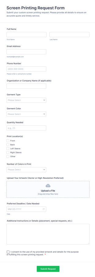 Screen Printing Request Form Template