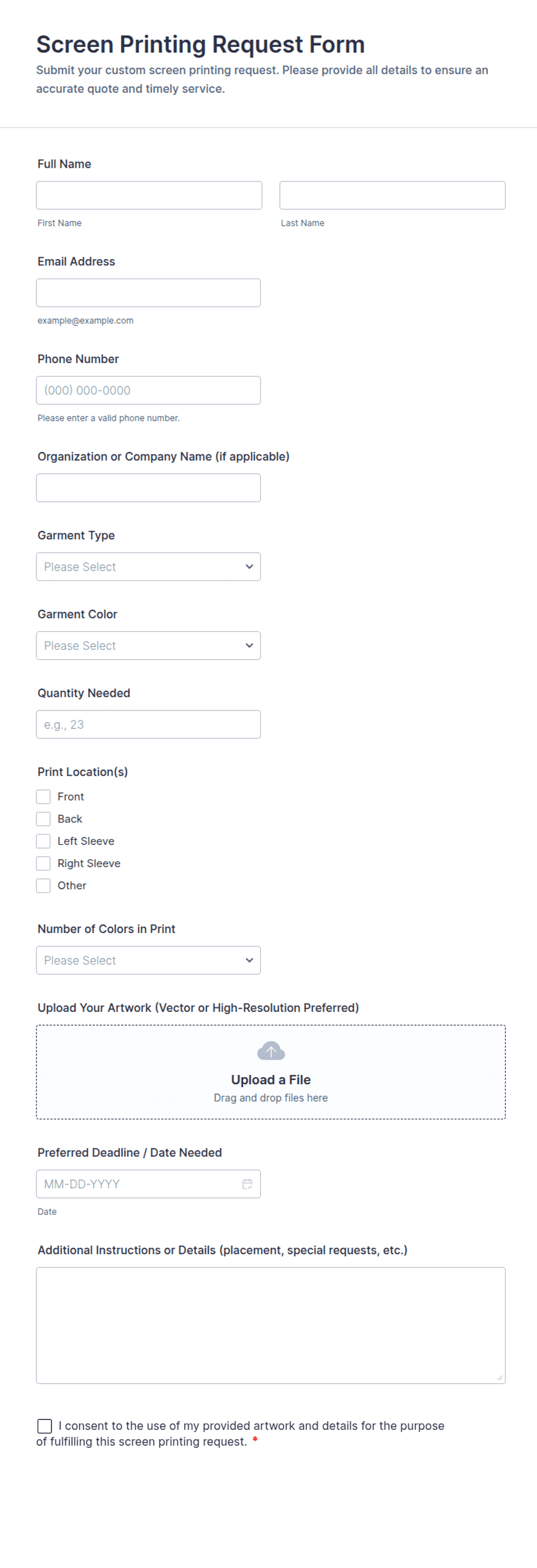 Screen Printing Request Form Template | Jotform