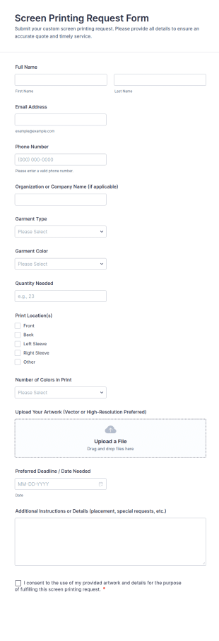 Screen Printing Request Form Template