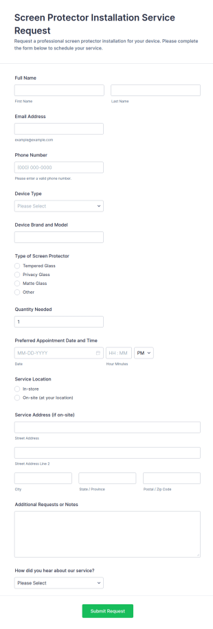 Screen Protector Installation Service Request Form Template