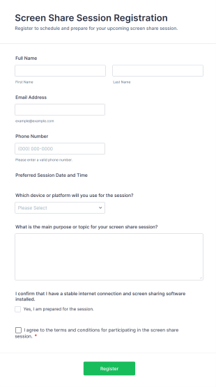 Screen Share Session Registration Form Template