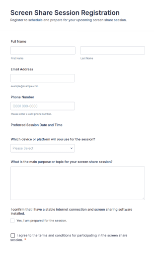 Screen Share Session Registration Form Template