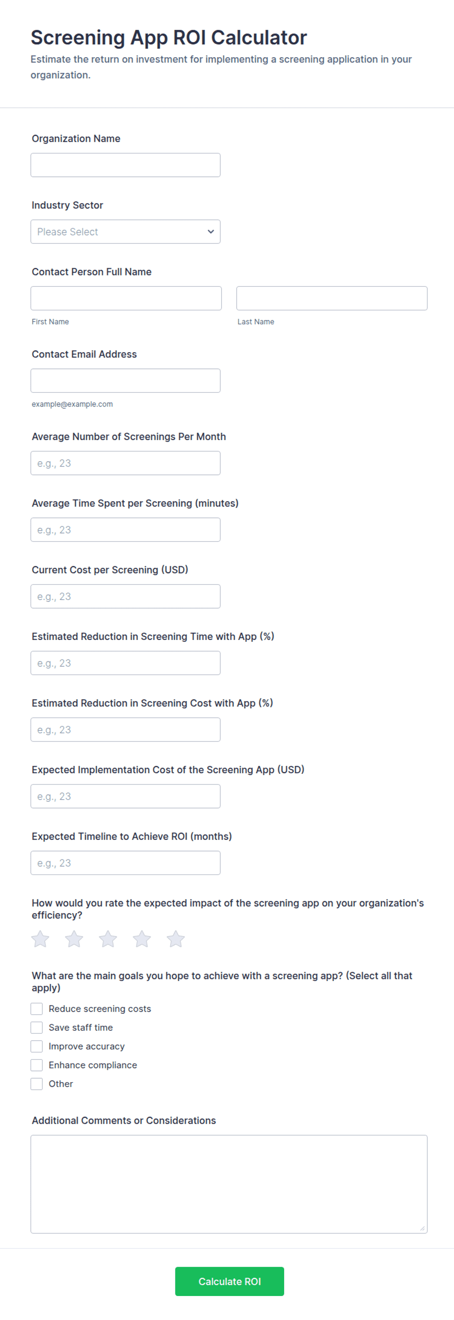 Screening App ROI Calculator Form Template | Jotform