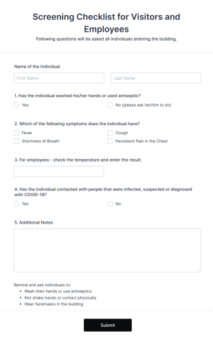Screening Checklist For Visitors And Employees Form Template