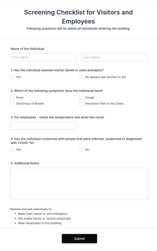 Screening Checklist For Visitors And Employees Form Template