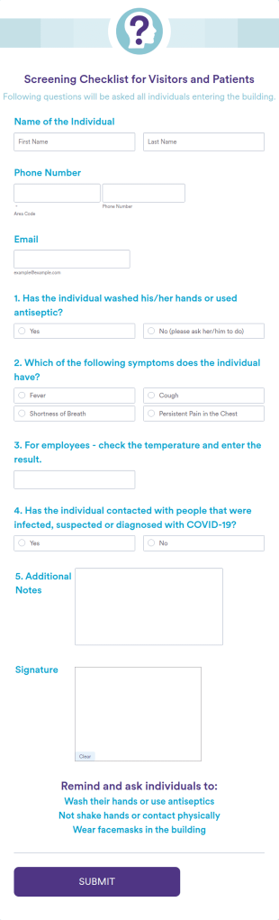 Screening Checklist For Visitors And Patients Form Template