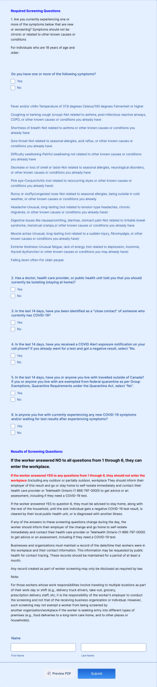 Employee Health Screening Questionnaire Form Template
