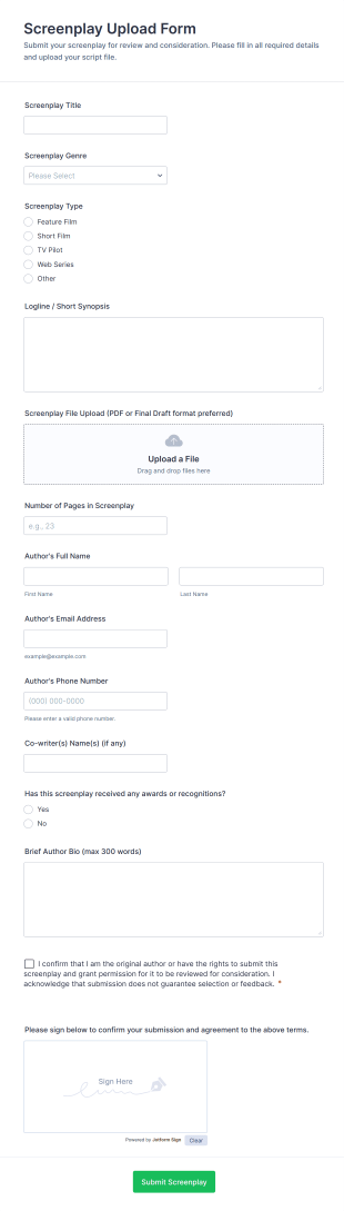 Screenplay Upload Form Form Template