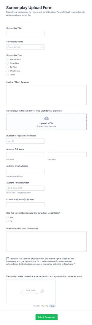 Screenplay Upload Form Template