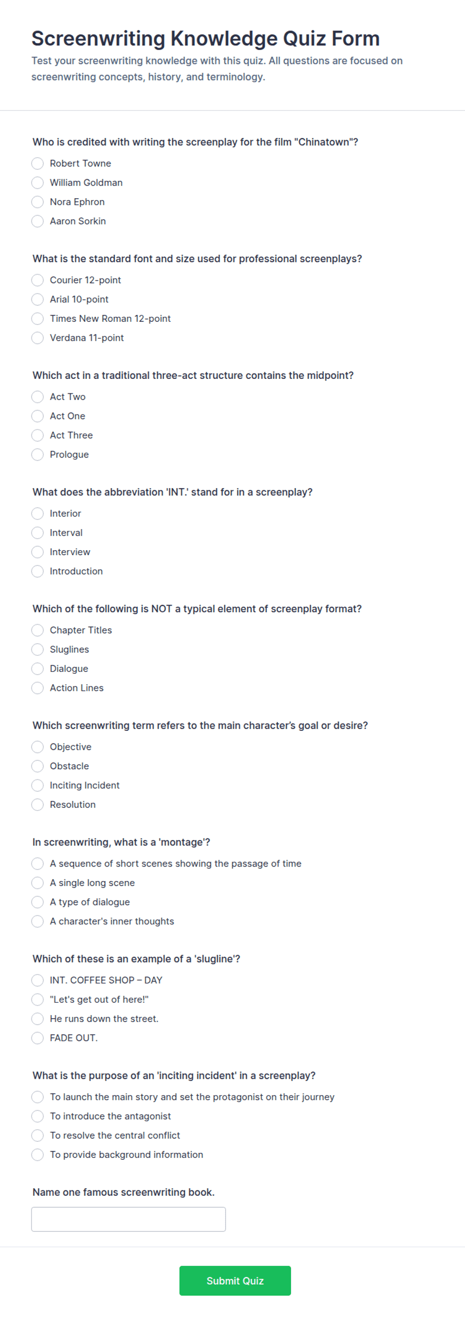 Screenwriting Knowledge Quiz Form Template | Jotform