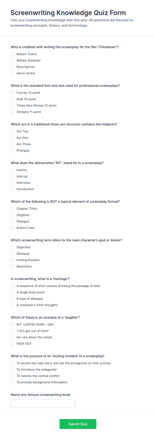 Screenwriting Knowledge Quiz Form Template