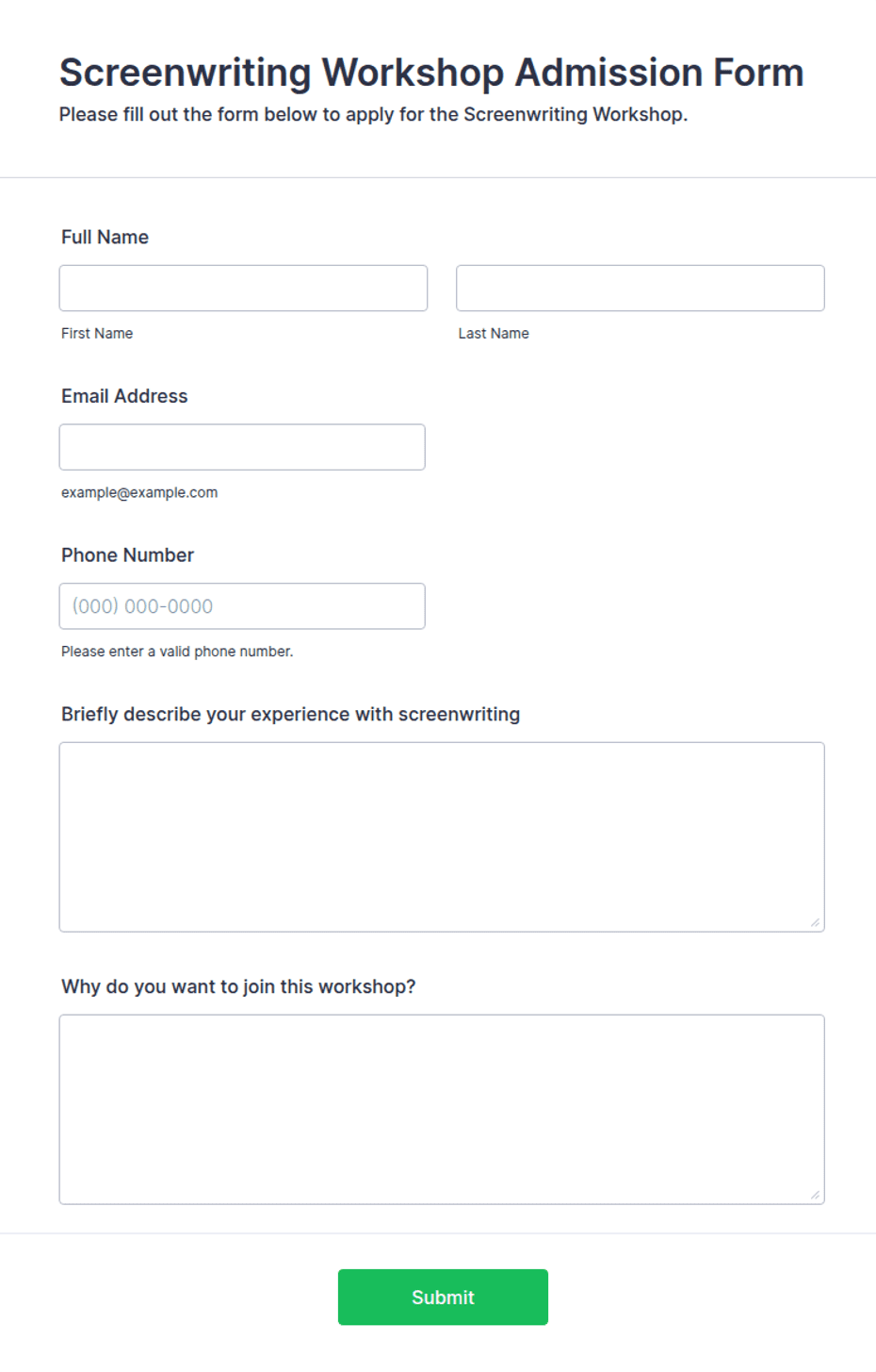 Screenwriting Workshop Admission Form Template | Jotform