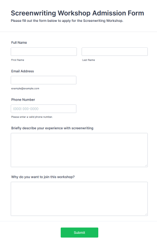 Screenwriting Workshop Admission Form Template