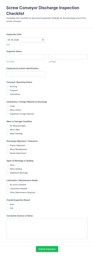 Screw Conveyor Discharge Inspection Checklist Form Template