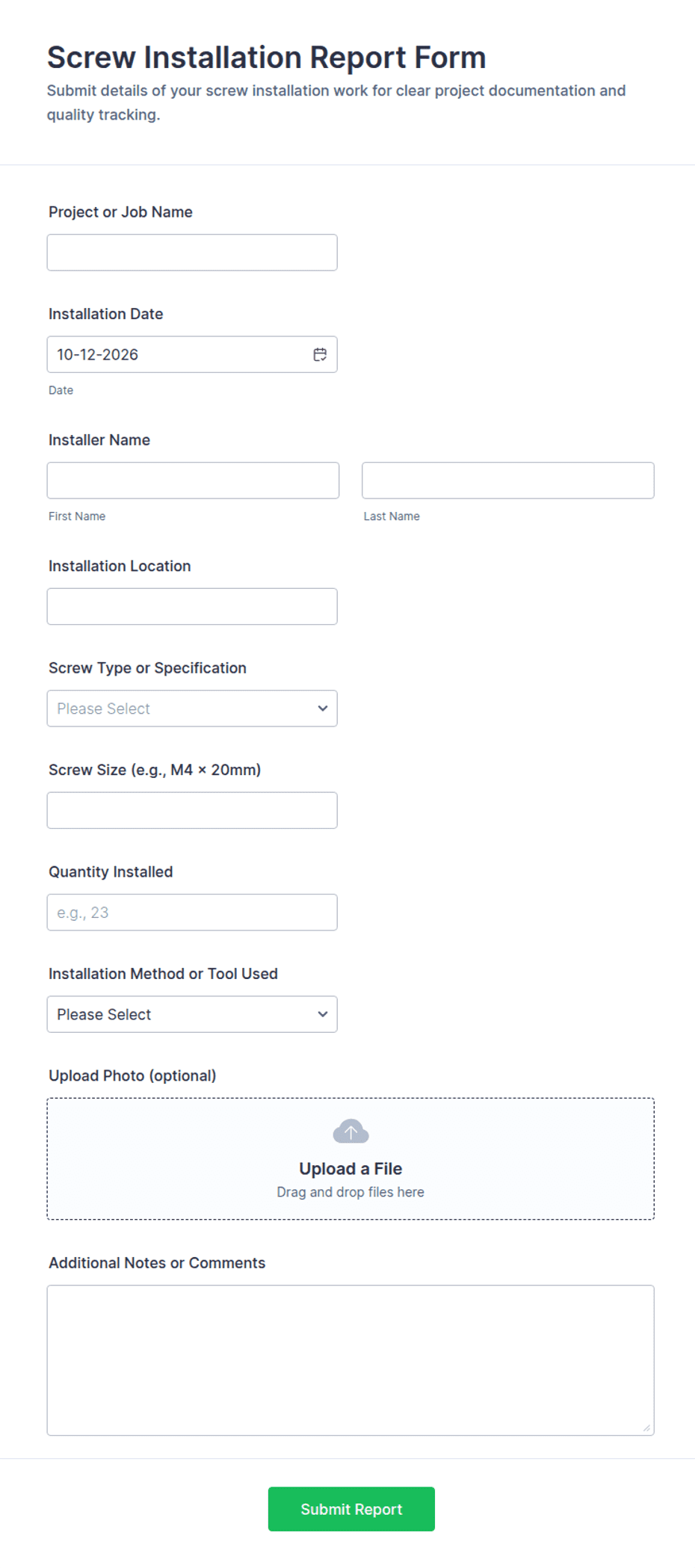 Screw Installation Report Form Template | Jotform