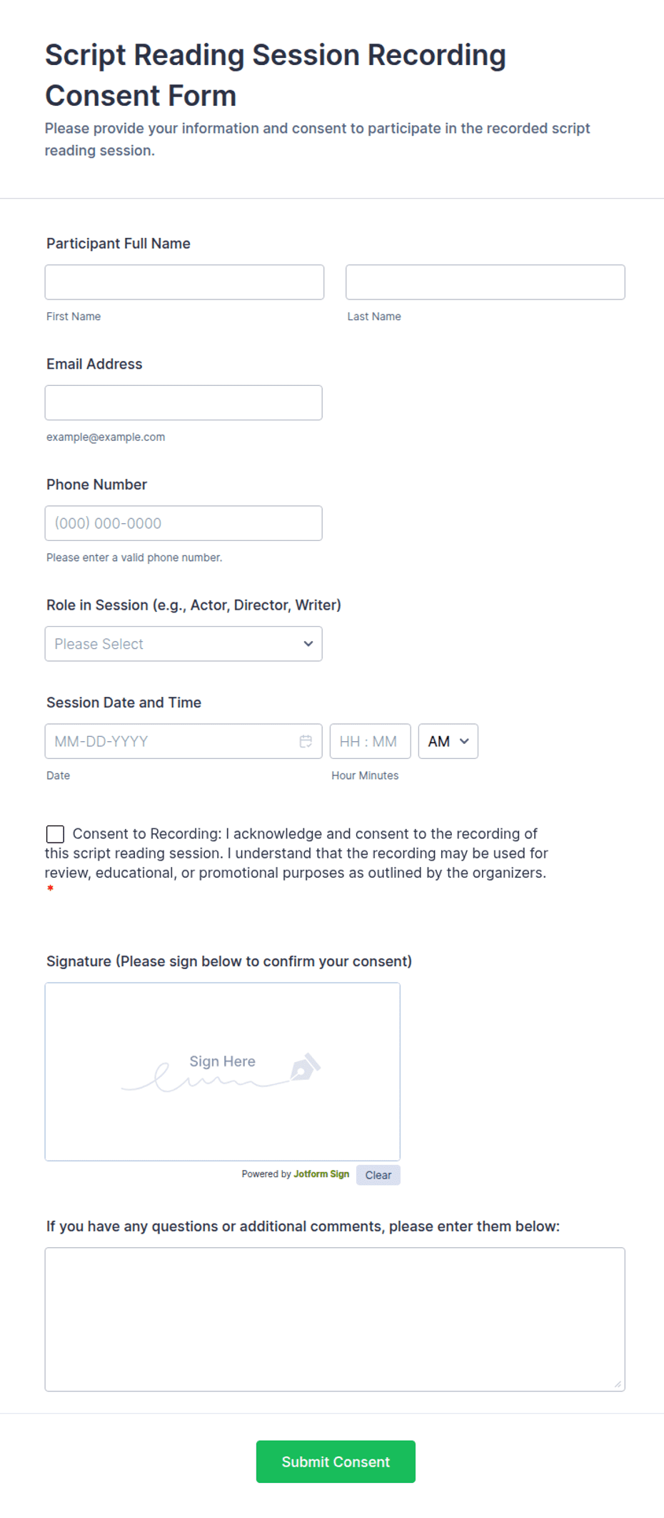 Script Reading Session Recording Consent Form Template | Jotform