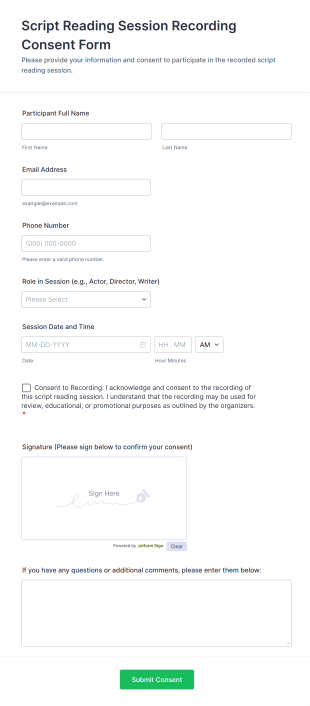 Script Reading Session Recording Consent Form Template