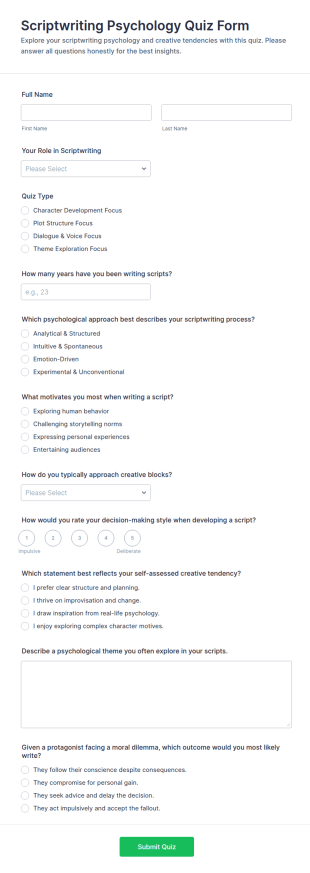Scriptwriting Psychology Quiz Form Template