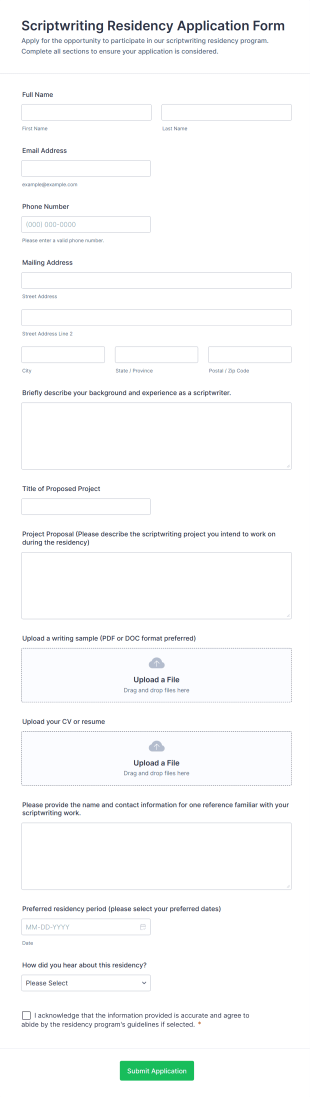 Scriptwriting Residency Application Form Form Template
