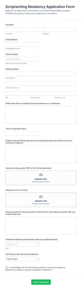Scriptwriting Residency Application Form Template