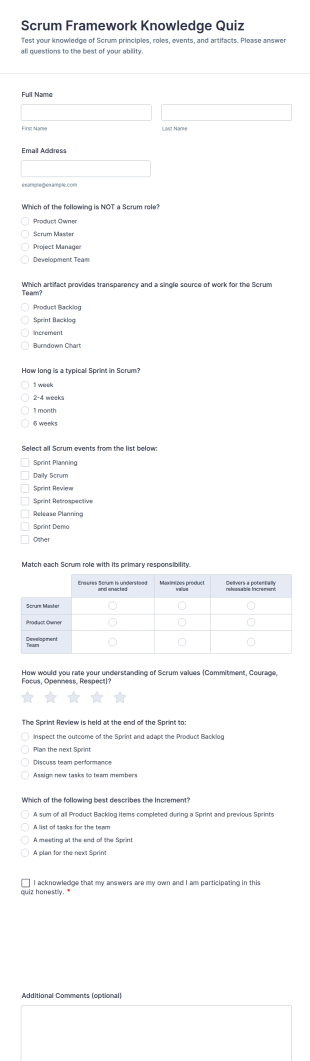 Scrum Framework Knowledge Quiz Form Template