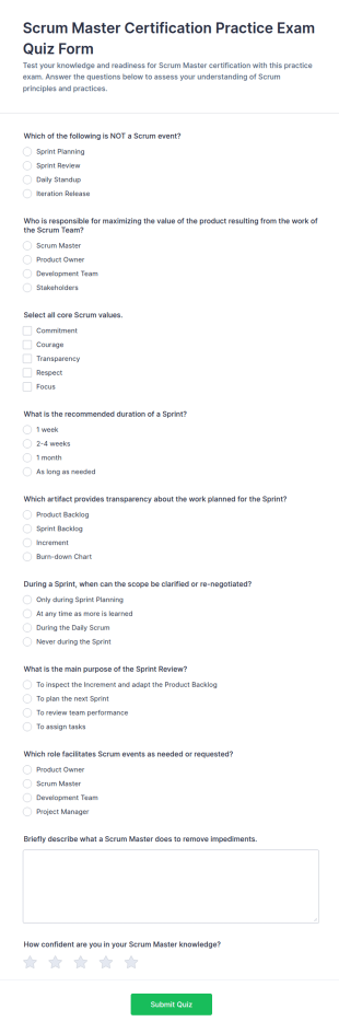 Scrum Master Certification Practice Exam Quiz Form Template