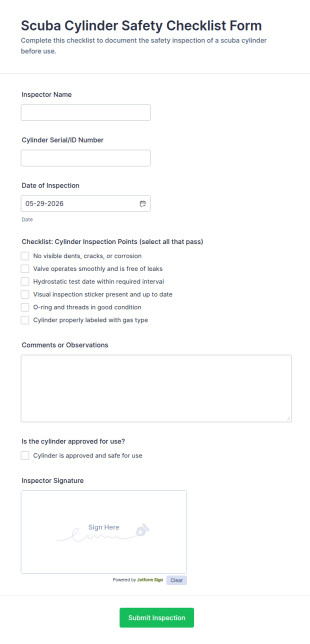 Scuba Cylinder Safety Checklist Form Template